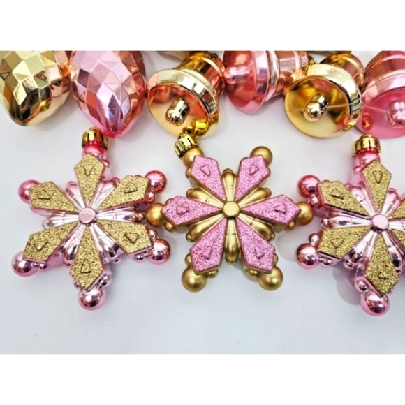 Pink Gold Round Snowflakes Bells Ornaments 18 Pc Christmas‎ Shabby Chic NEW - Picture 8 of 9